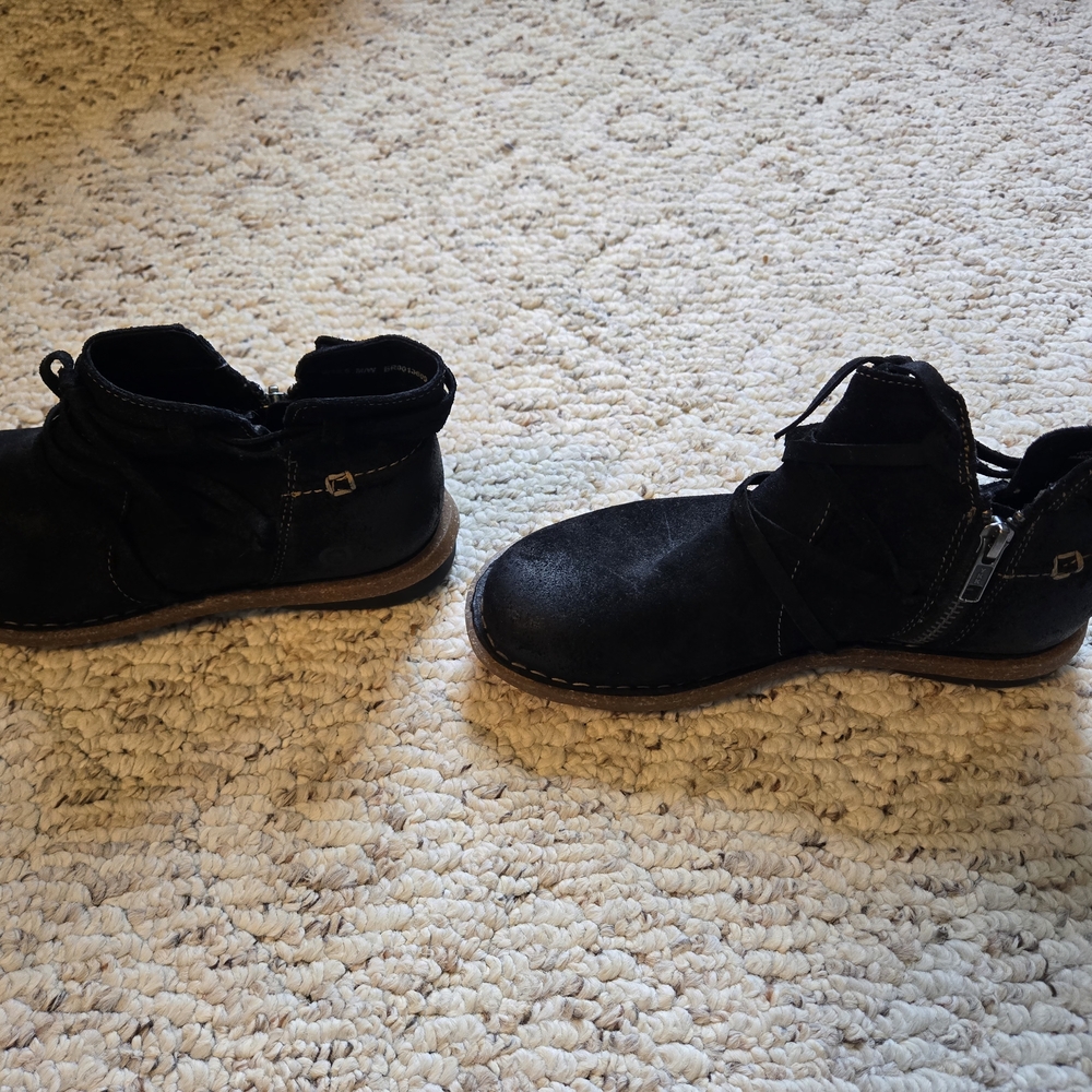 Born Womens Black Suede Ankle Boots with Side Zip and Strap